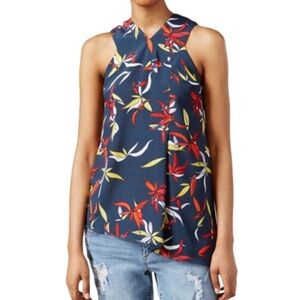 Rachel Roy Navy Sleeveless Floral Blouse Zip Back Size M
